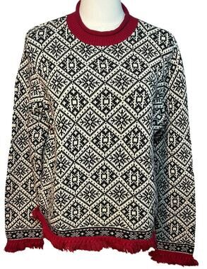 VTG 90s Talbots Large Winter Chalet Snowflake Fringe Knit Pullover Sweater Luxe